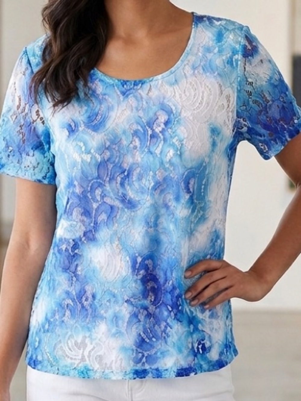 TanJay Blue Lace Short Sleeve Top